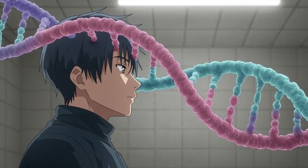 Genetic Marvel: A scientist, lost in contemplation, studies the intricate structure of a vibrant DNA double helix, his gaze reflecting the marvels of science and discovery.