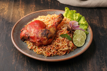 Fototapeta premium Fragrant Chicken Biryani with Roasted Leg and Basmati Rice Plate