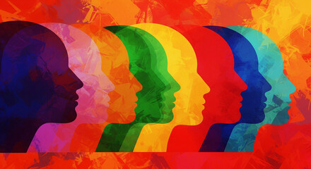 Naklejka premium Vibrant celebration of international mother language day with colorful human silhouettes for text space. Horizontal banner. Copy space. Multiculturalism, equality concept. Watercolor