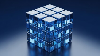 3D Blockchain cube connection icon blue glass