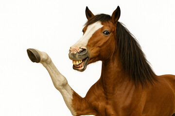 Funny Brown Horse Smiling and Raising Hoof Isolated on White