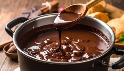 Rich Dark Chocolate Sauce Melting From Wooden Spoon Into Pot With Smooth Texture And Glossy Finish Over Rustic Wooden Table Background