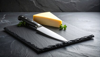 Wedge Of Yellow Cheese With A Sharp Knife On A Black Stone Cutting Board With Parsley Garnishes In Studio Lighting