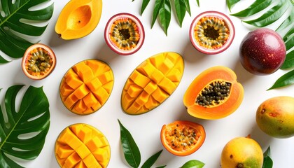 Assortment Of Exotic Tropical Fruits Including Mango Papaya Passion Fruit And Granadilla With Green Leaves On White Background Top Down View