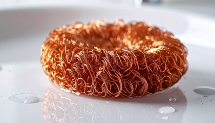 CloseUp Of A Copper Scrubber Pad With Water Droplets On A White Sink Surface With Soft Lighting