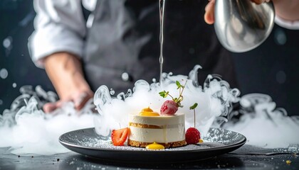 Chef Adds Liquid Smoke To A White Dessert Garnished With Strawberries And Raspberries On A Dark Plate With A Dark Background