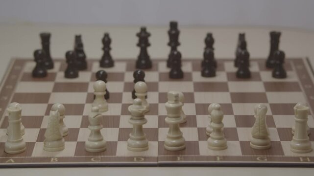 A cinematic shot of the White pawn's movement on c4 in a chess game. Conceptualizing bold strategy and surprise in a chess game.