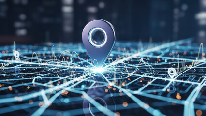 Digital Map Navigation with Location Pin and Glowing Network Lines.
