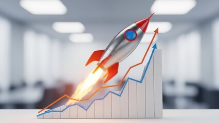3D rocket taking off form graph chart business growth