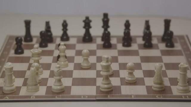 A cinematic shot of a chess game for White, showing the queen's developing on b3. The concept of bold strategy and surprise in a chess game.