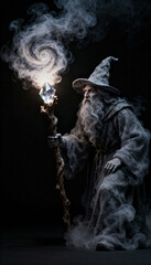 Fototapeta premium Wizard with glowing crystal staff conjuring swirling smoke and magical mist