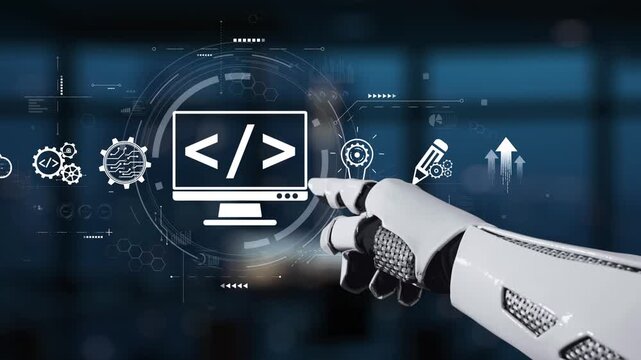 A robotic hand points at a computer screen displaying coding symbols and digital graphics, illustrating advanced technology and automation concepts in a modern workspace. Synapse