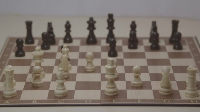 A cinematic shot of a chess game for White, showing the knight's development to c3. The concept of bold strategy and surprise in a chess game.