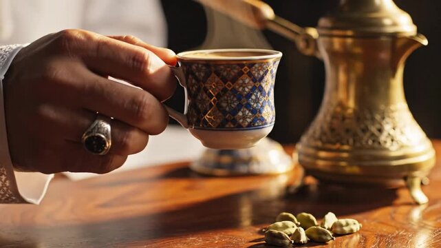 A close-up shot of a person's hand gracefully holding an intricately patterned, ornate cup from which steam gently rises, indicating a hot and aromatic beverage. The scene is bathed in warm, soft ligh