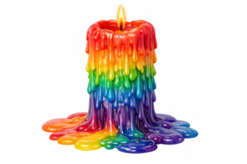 Rainbow spectrum wax candle burning with melting drips, a symbol of lgbtq+ pride and inclusivity on transparent background