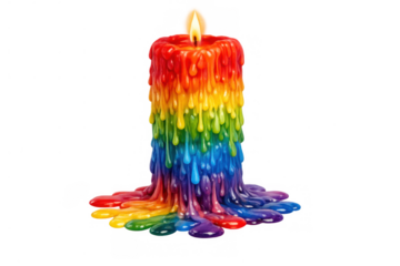 Rainbow candle burning with wax melting, showing vibrant colors and supporting lgbtq+ pride