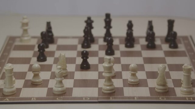 A cinematic shot of a chess game for White, with the queen capturing the rook on a8. The concept of bold strategy and surprise in a chess game.