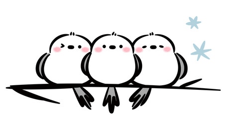 枝に並んだほのぼのかわいい手書きタッチのシマエナガ