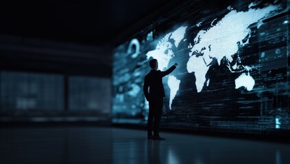 Businessman in dark suit interacting with a glowing world map and data on a large digital screen, representing global business strategy