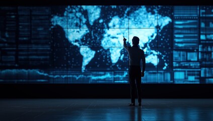 Business professional standing in front of a large screen displaying a world map and digital information, analyzing global data