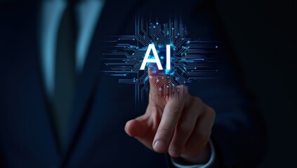 Businessman's finger activating a digital AI circuit board with glowing connections, representing advanced technology and innovation concept