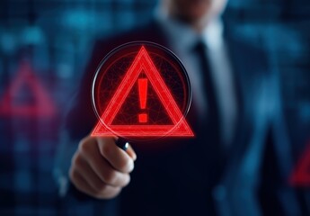Person using a magnifying glass to analyze a glowing red digital warning sign, symbolizing risk detection and threat analysis