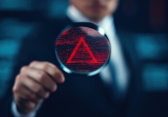 Business person holding magnifying glass, zooming in on red triangular warning sign representing cybersecurity threat, data breach, and risk