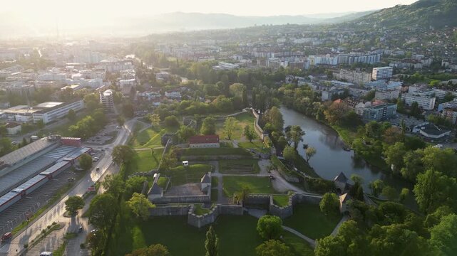 A scenic sunny panorama of Banja Luka, Bosnia and Herzegovina. Aerial drone video.