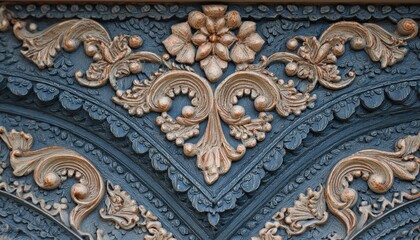 Obraz premium Intricate detailed floral and scroll ornamentation carved into a dark painted surface.
