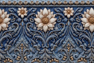 Obraz premium Intricate three dimensional floral ornamentation showcases detailed baroque carving in deep blue and cream tones.
