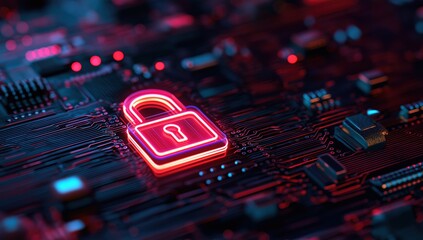 Red glowing neon padlock protecting data on a dark circuit board, symbolizing digital security and firewall protection