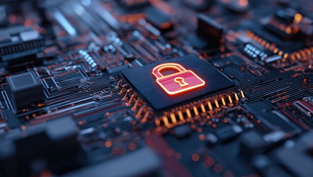 Padlock icon glowing on a microprocessor, symbolizing data protection and digital security on an electronic circuit board - Powered by Adobe