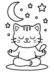 Obraz premium Meditative Cat in Celestial Peace: An illustrative depiction showcases a serene cat in a lotus position, radiating tranquility amidst a starry nightscape. The image evokes a sense of calmness.