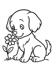 Obraz premium Puppy's Floral Delight: A charming illustration depicts a sweet puppy sniffing a delicate flower, its cheerful expression reflecting the innocence and joy of the moment.
