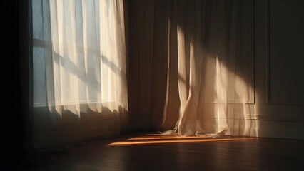 Sunlight casting soft window shadows on textured wall, minimal composition, warm beige and cream colors, quiet human presence, realistic lighting