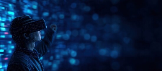 Young man wearing VR headset, interacting with digital interface in a futuristic blue cyberspace. Concept of technology and AI