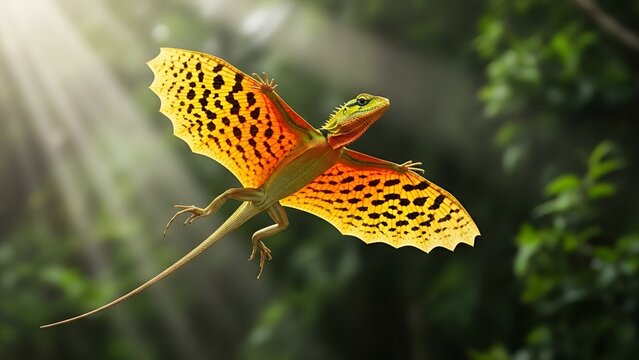 Vibrant Flying Draco Lizard Gliding with Spotted Wings in Nature