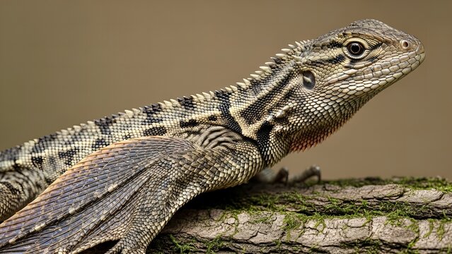 Close Up Portrait of Forest Dragon Lizard Perched on Mossy Branch