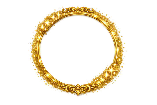 Golden ornate circle frame with glittering particles, shiny baroque design element, luxury border on transparent background