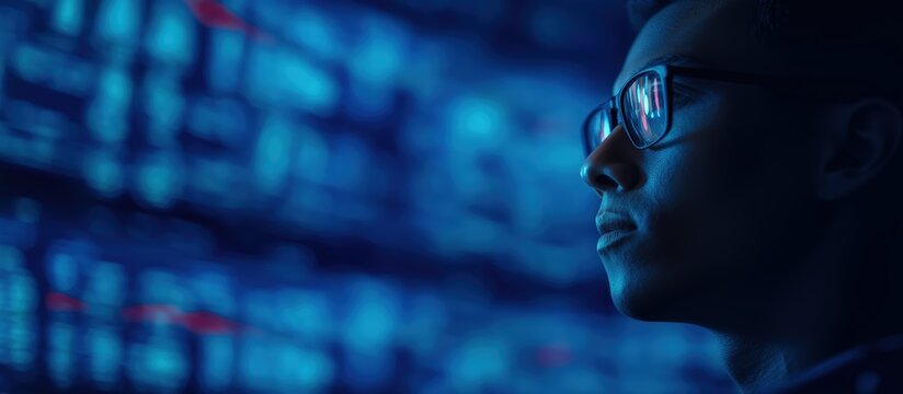 Man wearing glasses analyzing abstract data and information displayed on a blue screen in a dark environment