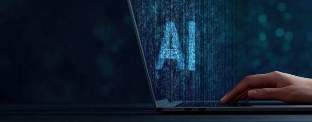 Hand typing on laptop keyboard showing artificial intelligence text with binary code, representing technology and data