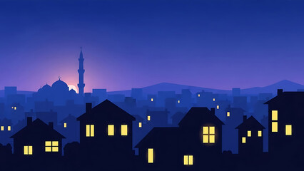 Obraz premium ramadan city at dawn illustration depicting peaceful islamic urban skyline with mosque silhouette and glowing house windows for cultural event background