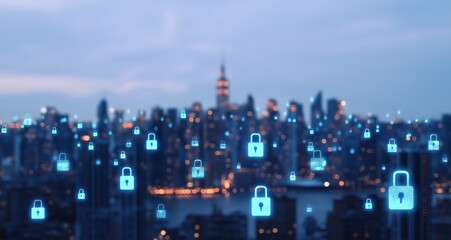 New York City skyline surrounded by glowing digital padlock icons, representing global data protection and secure urban networks