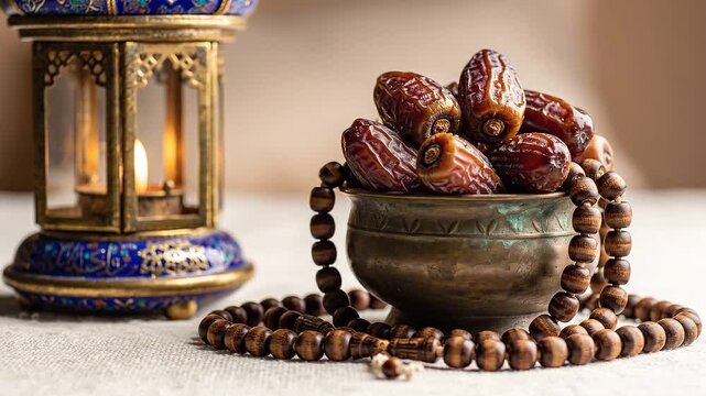 Ramadan Dates and Prayer Beads with Illuminated Lantern, Islamic Culture.