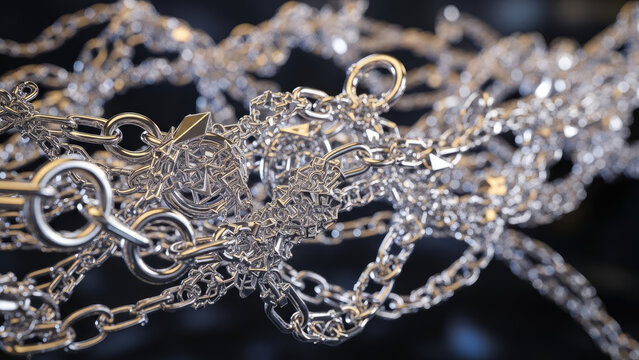 Closeup of a tangled pile of silver chains with intricate links and clasps.