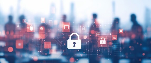 Illustrating data security and digital network protection. Layered lock symbols and interconnected lines represent internet privacy and technology
