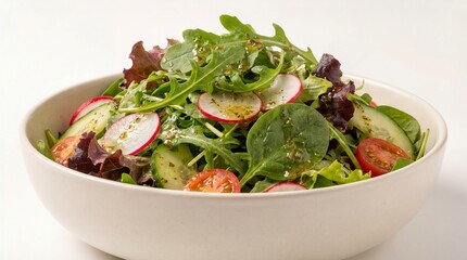 Fresh Mixed Greens Salad with Radish and Cucumber in White Bowl
