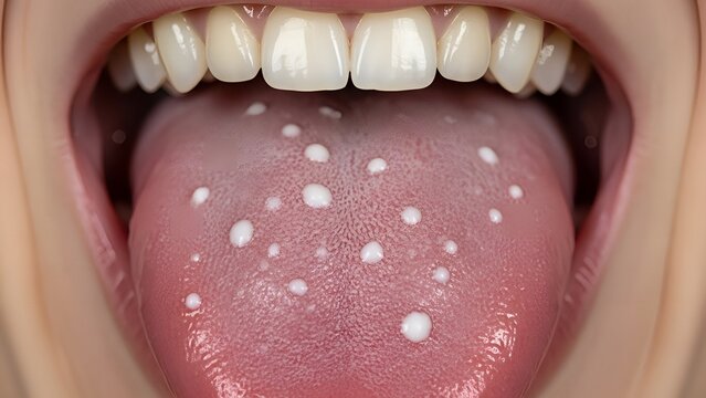 Realistic Close-Up White Spots on Tongue Medical Condition Detail Image