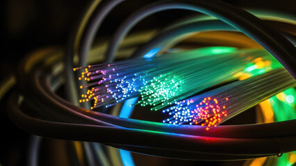 Closeup of illuminated fiber optic cables glowing with vibrant colors.