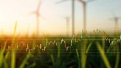 Candlestick chart overlaying wind turbines in a field at sunset, representing increasing green energy stock market and ESG investments